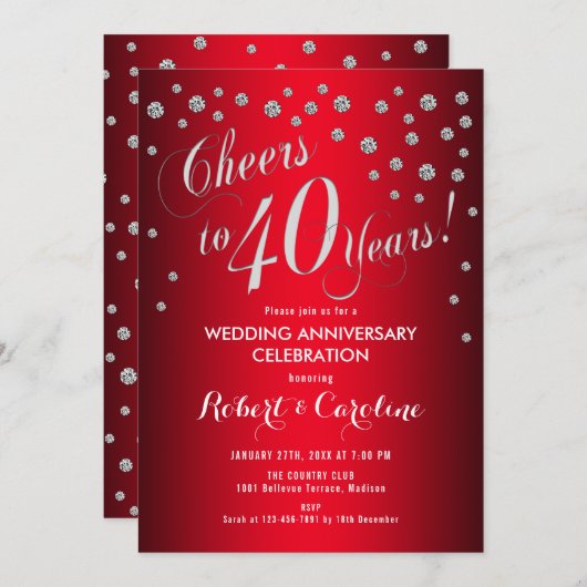 40周年結婚記念日 - 赤と銀 招待状 (正面/裏面)