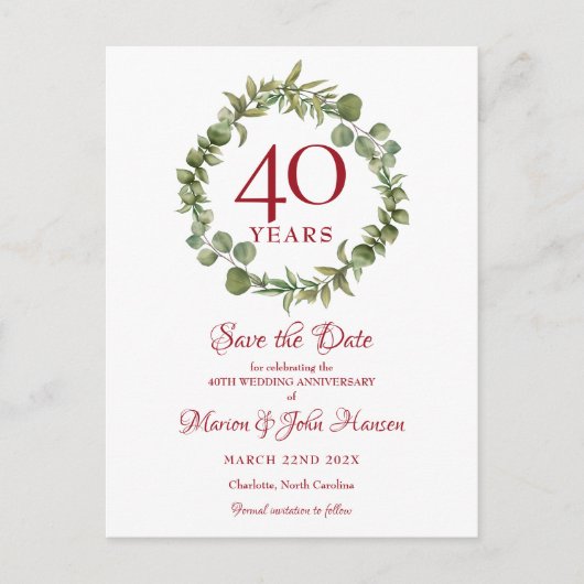 40周年結婚Ruby日付を保存 案内ポストカード (正面)