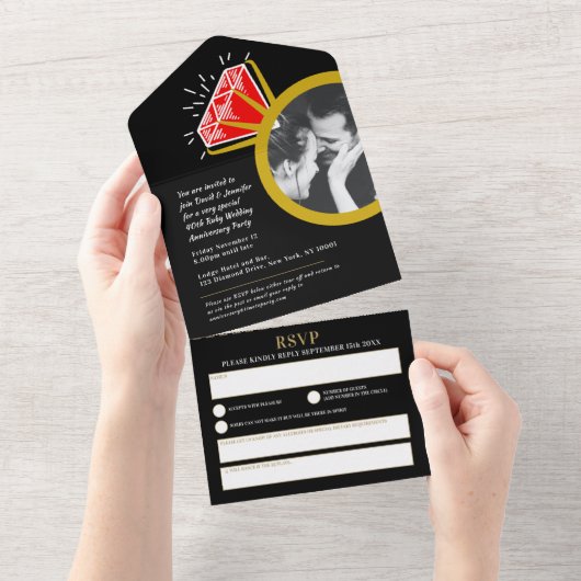 40周年記念の結婚パーティー ルビーレッドのリング オールインワン招待状 (貼ってはがせる)