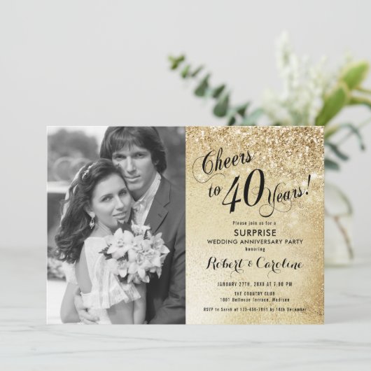 40周年記念サプライズ フォト付き - ゴールド 招待状 (スタンド正面)
