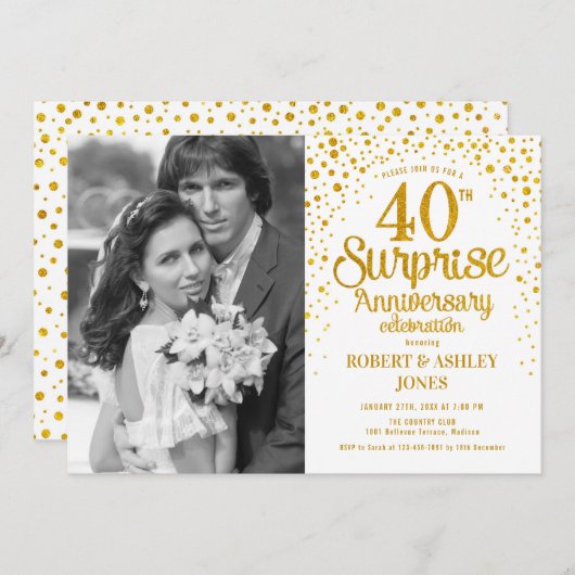 40周年記念サプライズ フォト付き - ホワイトゴールド 招待状 (正面/裏面)