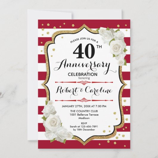 40周年記念パーティー – ルビーレッド金ゴールドホワイト 招待状 (正面)
