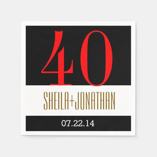 40周年記念モダン黒赤金ゴールドV02 スタンダードカクテルナプキン (正面)