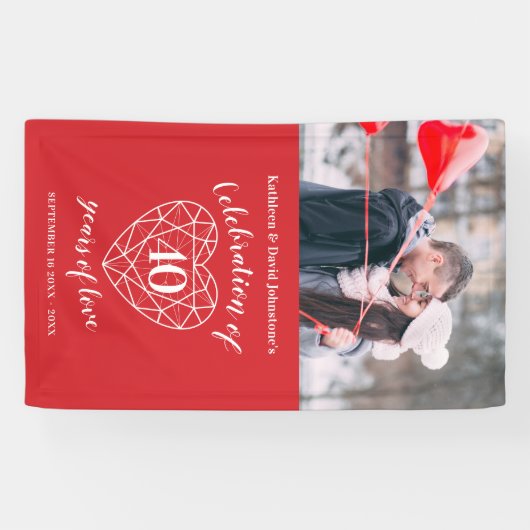 40周年記念ルビーハートパーソナライズされた写真 横断幕 (横)