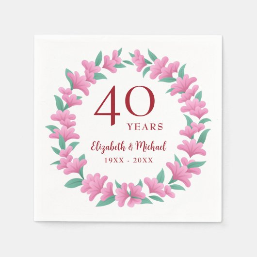 40周年記念ルビーフローラピンクグリーンリース スタンダードカクテルナプキン (正面)