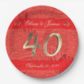 40周年記念ルビー結婚の赤エレガントと金ゴールド ペーパープレート (正面)