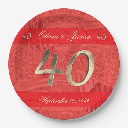 40周年記念ルビー結婚の赤エレガントと金ゴールド ペーパープレート (正面)