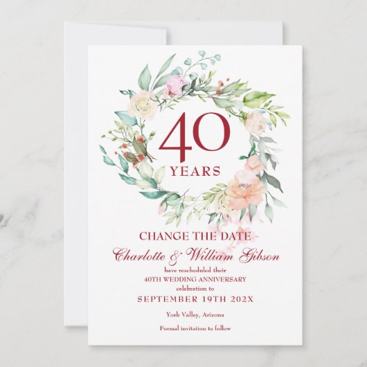 40周年記念日 変更 日付 ローズ ガーランド 招待状 (正面)