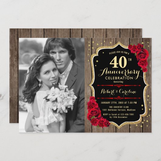 40周年記念 フォト付き - 木目と赤いバラ 招待状 (正面/裏面)