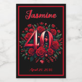 40周年記念/誕生日ハート&レッドローズ ワインラベル (シングルラベル)