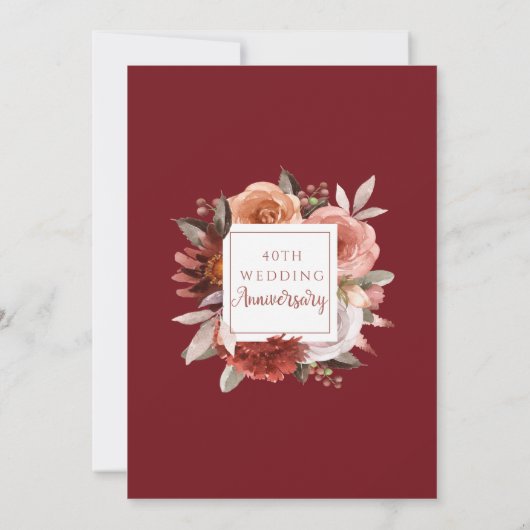 40周年記念 赤いルビー、バーガンディーブラッシュ フラワーデザイン 招待状 (裏面)
