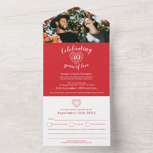 40回目のルビー婚約記念日の返信写真は赤と白です オールインワン招待状 (内側)
