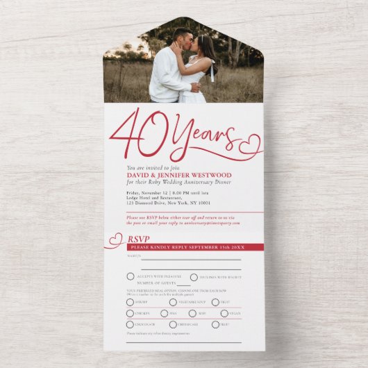 40回目のRuby結婚の記念赤い食事の出欠の写真 オールインワン招待状 (内側)
