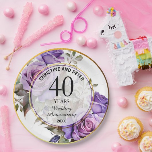 40回結婚の金ゴールド・フレームバラの記念日 ペーパープレート (パーティー)