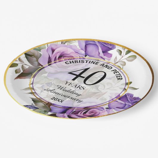 40回結婚の金ゴールド・フレームバラの記念日 ペーパープレート (アングル)