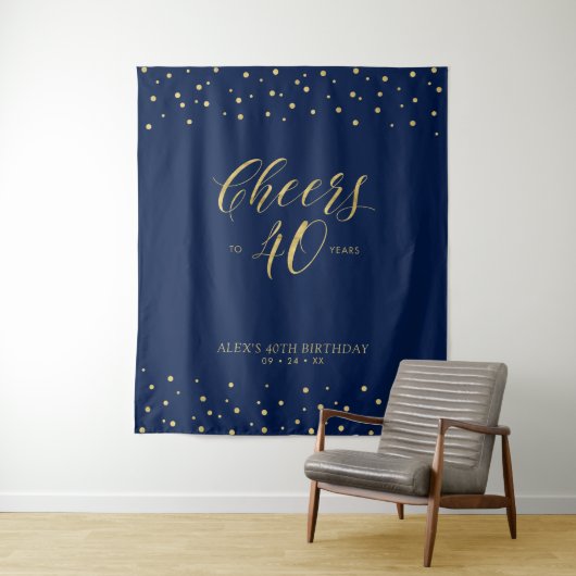 40年のお祝い | ゴールド＆ネイビー誕生日パーティー タペストリー (インサイチュ)