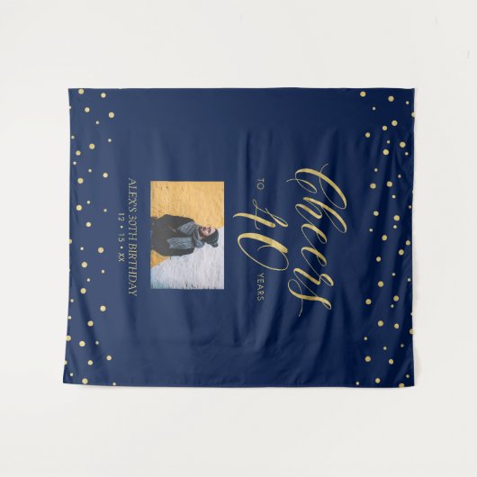 40年のお祝い | ゴールド&ブルーの誕生日パーティー タペストリー (正面(横))