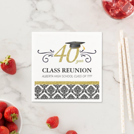 40年クラス懇親会ナプキンス – ブラックと金ゴールド スタンダードカクテルナプキン (インサイチュ)