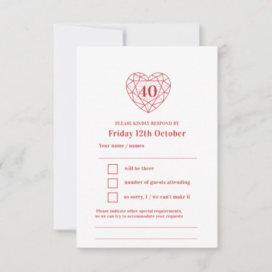 40年ルビー赤いハート40結婚周年 出欠カード (正面)