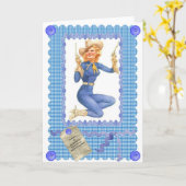 40年代の女性のカーボーイのピンナップの挨拶状 カード (黄色い花)