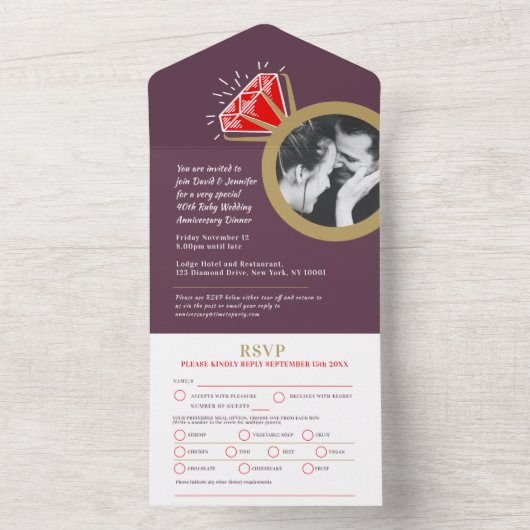 40年目のルビーの結婚記念日の指輪の食事会 への返信の写真です オールインワン招待状 (内側)