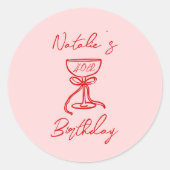 40手描きピンクボウシャンパンガラス誕生日 ラウンドシール (正面)