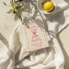 40手描きピンクボウシャンパンガラス誕生日 招待状