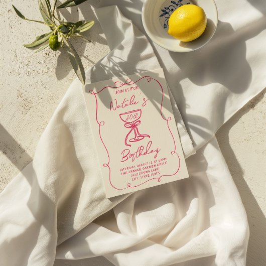 40手描きピンクボウシャンパンガラス誕生日 招待状