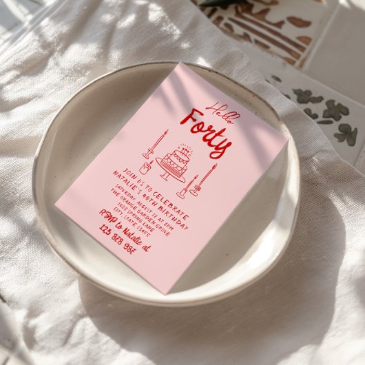 40手描きピンクレッドケーキハローフォーティ誕生日 招待状