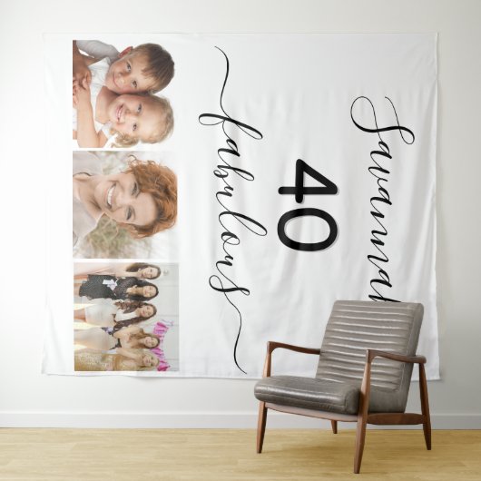 40才の素敵な白い名前の写真の誕生日パーティー タペストリー (インサイチュ(横))