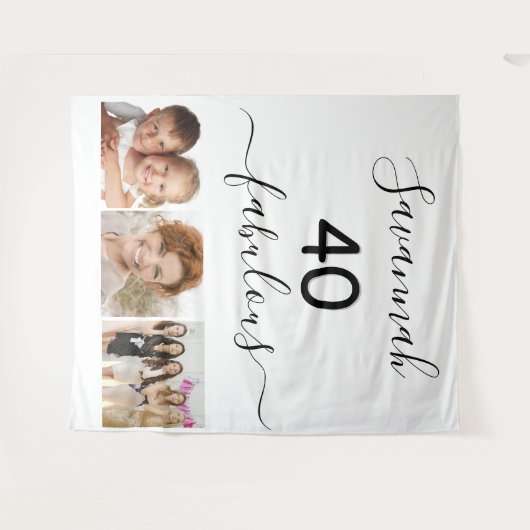 40才の素敵な白い名前の写真の誕生日パーティー タペストリー (正面(横))