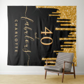 40才の素敵な誕生日 ブラックゴールドグリッター垂れ タペストリー (インサイチュ(横))