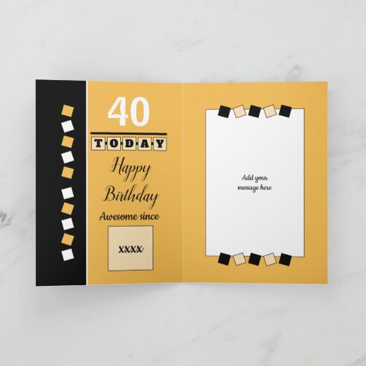 40日はまだ驚くべき黄色と黒の誕生日の写真 カード (内部)
