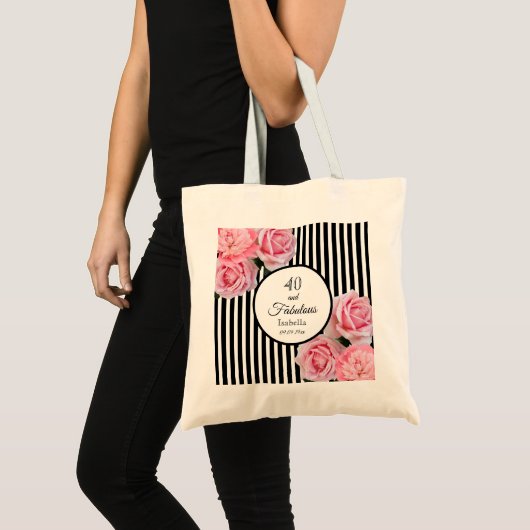 40本の素晴らしいピンクの花の細い白黒ストライプ トートバッグ (正面(商品))