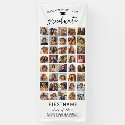40枚の写真コラージュ　モダン　ミニマル　白　卒業式 横断幕 (縦)