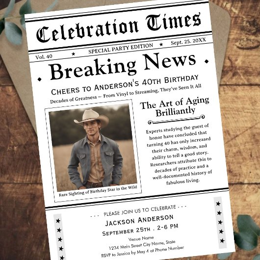40歳おめでとうございます!新聞の誕生日 招待状