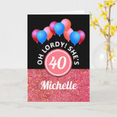 40歳おもしろい誕生日ピンクグリッターバルーン名 カード (黄色い花)