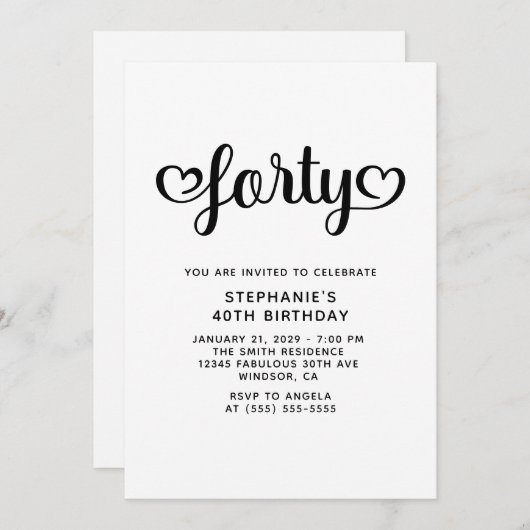 40歳かわいいハートの台本40歳の誕生日 招待状 (正面/裏面)