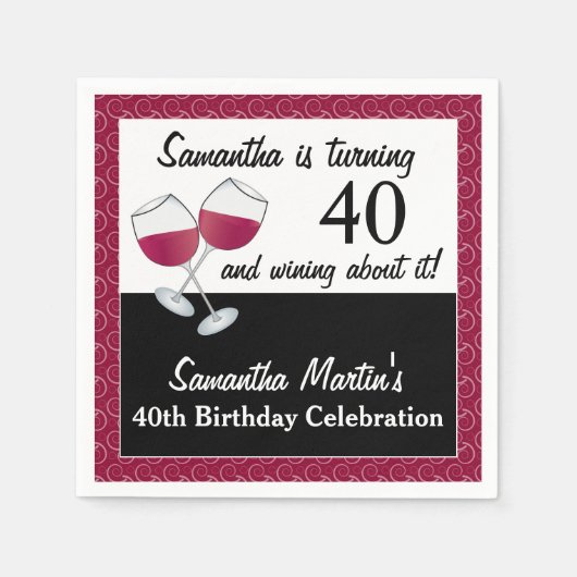 40歳でワイン、赤ワインの誕生日パーティー スタンダードカクテルナプキン (正面)