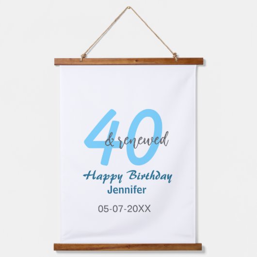 40歳と新たな誕生日 名前 日付 青い 太字 番号 吊り下げ型タペストリー (正面)