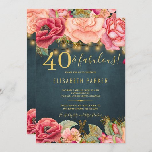 40歳と素晴らしいフローラスタイリッシュ40歳の誕生日パーティー 招待状 (正面/裏面)