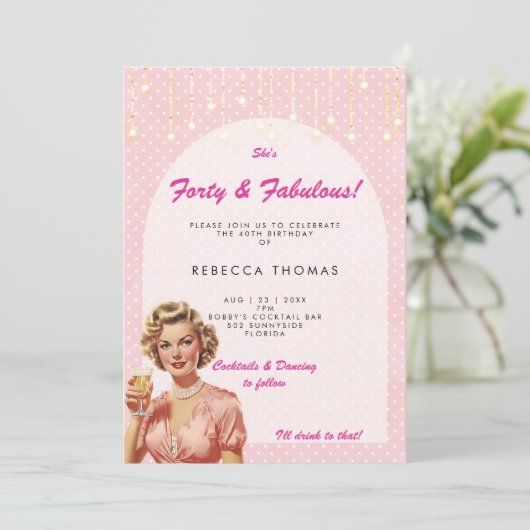 40歳と素晴らしいレトロピンクの誕生日の招待状 招待状 (スタンド正面)