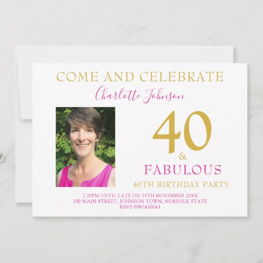 40歳と素晴らしい写真40歳のモダン誕生日ピンク 招待状 (正面)