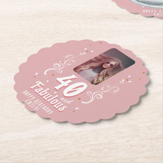 40歳と素晴らしい葉ピンク写真40歳の誕生日 ペーパーコースター (アングル)