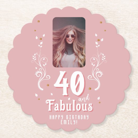 40歳と素晴らしい葉ピンク写真40歳の誕生日 ペーパーコースター (正面)