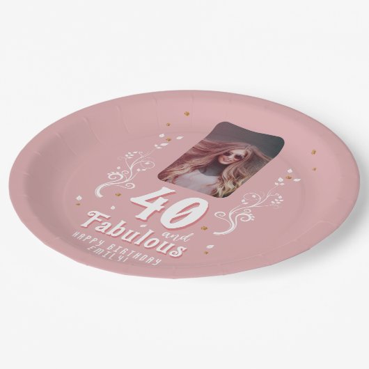 40歳と素晴らしい葉ピンク写真40歳の誕生日 ペーパープレート (アングル)