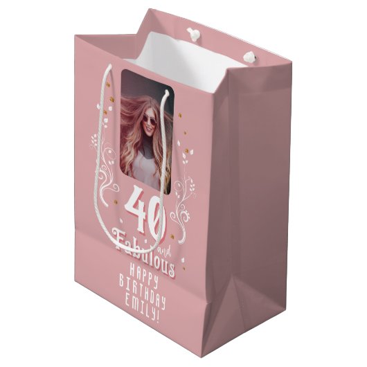 40歳と素晴らしい葉ピンク写真40歳の誕生日 ミディアムペーパーバッグ (正面アングル)