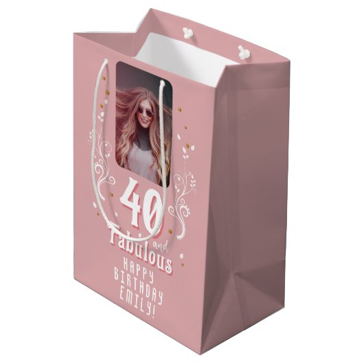 40歳と素晴らしい葉ピンク写真40歳の誕生日 ミディアムペーパーバッグ (裏面アングル)