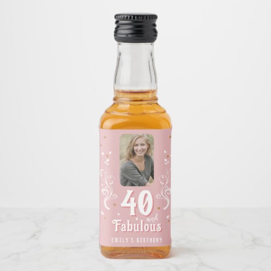 40歳と素晴らしい葉ピンク写真40歳の誕生日 リキュールボトルラベル (正面)