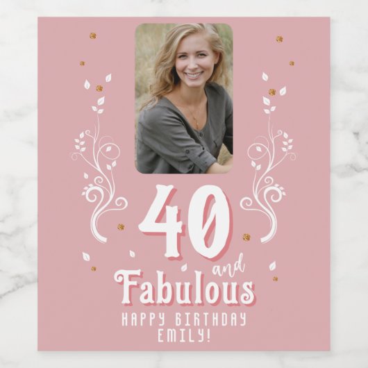 40歳と素晴らしい葉ピンク写真40歳の誕生日 ワインラベル (シングルラベル)